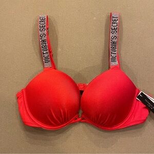 Victoria’s Secret Bling Rhinestone Logo Straps Push Up Bikini Top Red Sz 34B NWT